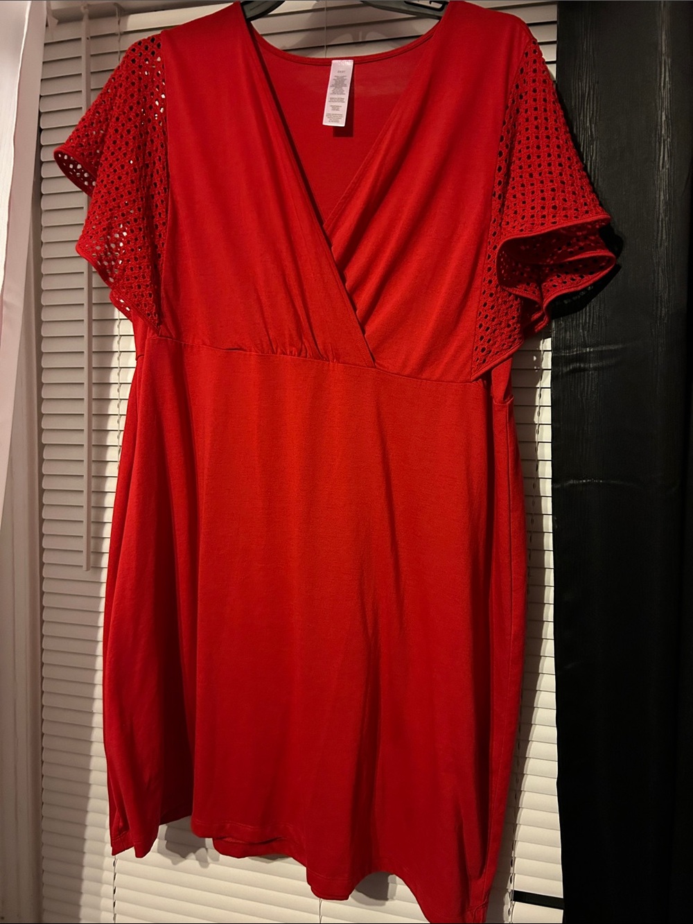 Red V-Neck Women's Dress with Eyelet Sleeves